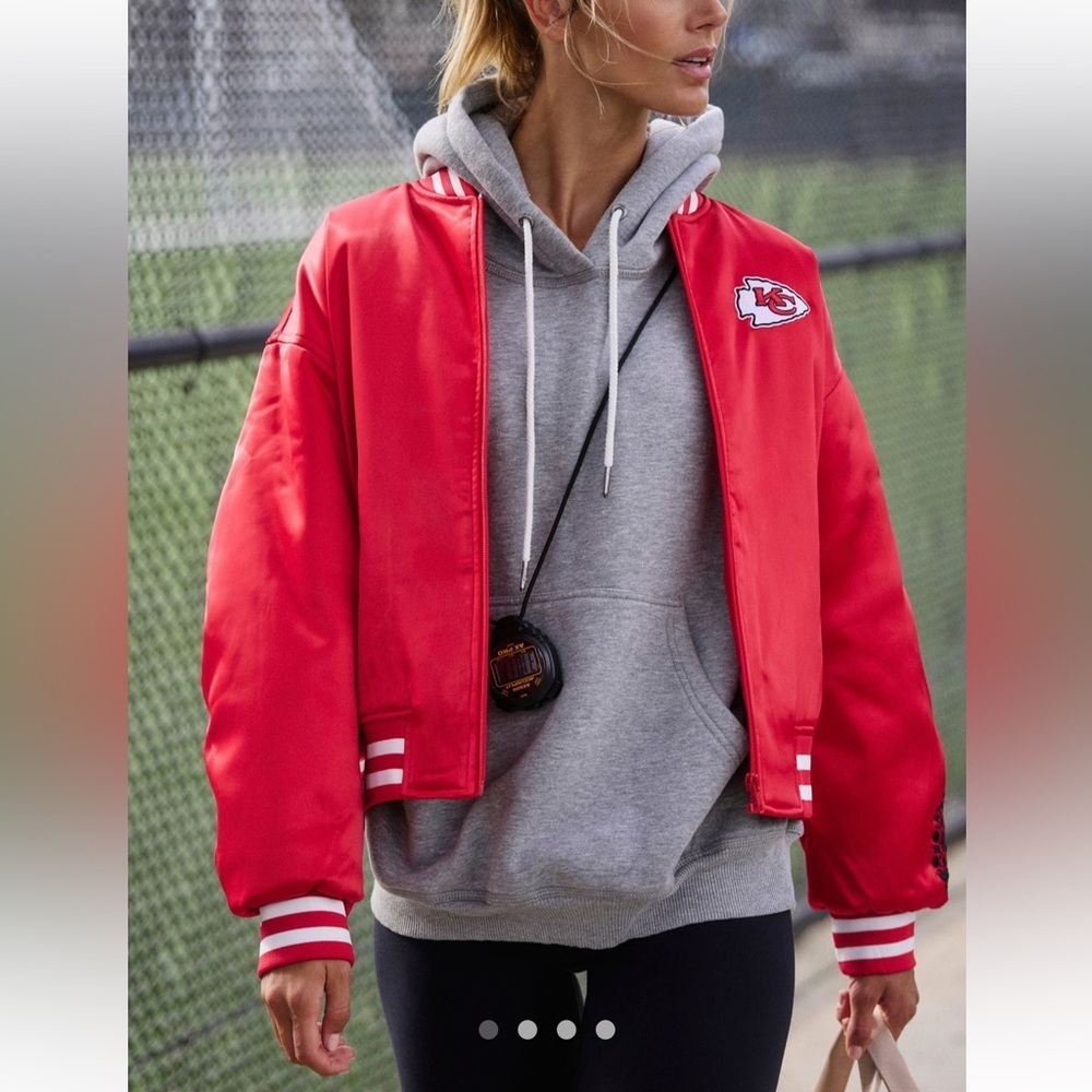 Free People KC The Wild Collective Bomber Jacket Size Large Red Chiefs NFL NWT - Picture 2 of 15
